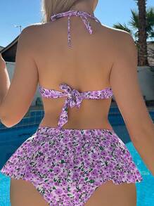 Swim Mod Women's Summer Beach Floral Print Ruffle Sexy Bikini Swimwear Set - Mauve Purple - View 2