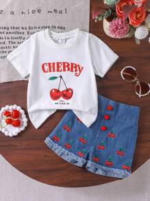 2pcs Young Girl Ivory Knit Short Sleeve Top With Cherry Print, Blue Shorts With Red Cherry Embroidered Unique Fashion Denim Shorts, Summer Outfit