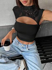 INAWLY Women Slim Fit Fashionable Lace Hollow Short Sleeve Casual Tee - Black - View 4