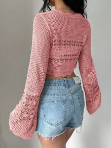 Flirla Cardigan Pendek Wanita Warna Polos dengan Lubang dan Tali di Bagian Depan, Cocok untuk Liburan Musim Gugur dan Musim Dingin. - Berwarna merah muda - View 2