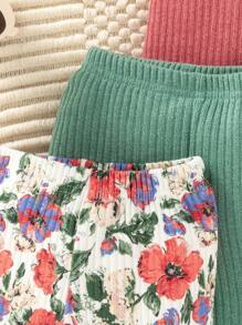 4pcs Young Girls Casual Ditsy Floral & Solid Ribbed Comfortable Versatile Shorts