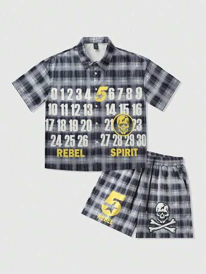 Street Life Kariertes Boxy-Passform Kurzarm Hemd & Shorts lässiger Anzug für Herren