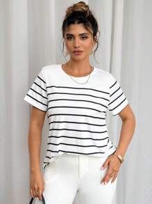 Franclia Camiseta de mujer de talla grande, de cuello redondo, de manga corta, con rayas y diseño estampado