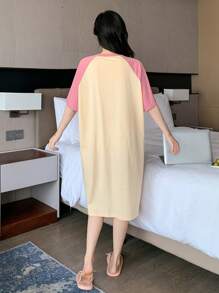 DAZY Cute Pattern Print Contrast Color Raglan Sleeve Loose Women Summer Nightgown