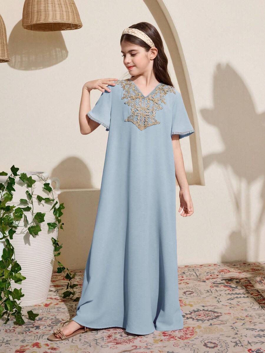 SHEIN Tween Girls' Solid Color V-Neck Short Sleeve Dress With Woven Tape - Baby Blue - View 1