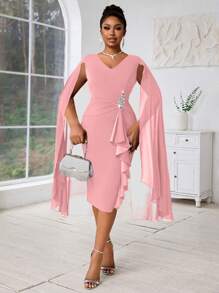 Fleurora 大码女式优雅斗篷结构蓝色透视正式晚礼服秋季女装四季蓝色连衣裙 - 粉色 - 查看 5