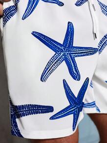 Manfinity VDAYZ Short de plage avec cordon de serrage à la taille et poches, imprimé étoiles de mer. Maillots de bain assortis pour homme. Maillots de bain pour hommes. Tenues de plage pour hommes. Shorts de maillot de bain pour hommes. Maillots de bain plus avec étoiles de mer pour hommes, hawaïen