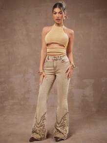 Hauture 夏季女士，女士，性感波西米亚风裸色半透明金属针织镂空做旧上衣，女式上衣，春季女士，女式背心，夏季女士上衣，夏季上衣，露背上衣，度假，日常 - 金色 - 查看 3