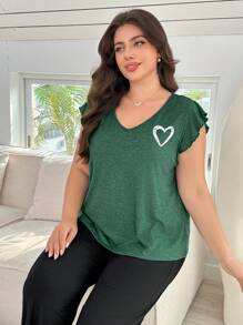 SHEIN Bộ đồ ngủ hai mảnh cỡ lớn có tay áo lửng và họa tiết trái tim - màu xanh lá - Xem 7