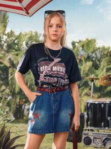 SHEIN Váy denim rách họa tiết ngôi sao đa năng thoải mái giản dị mùa xuân và mùa hè 2025 cho bé gái tuổi mới lớn, thích hợp mặc hàng ngày, đi chơi, tụ họp gia đình và đi nghỉ - Rửa trung bình - Xem 13