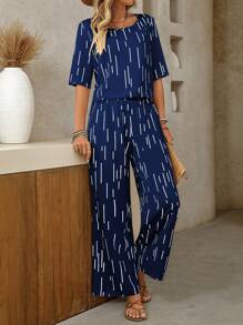 SHEIN Clasi Women's V-Neck Loose Allover Print 2 Pieces Set - Navy Blue - View 6