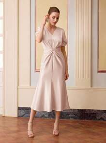 ZEYLAH Váy đuôi cá xếp nếp cổ chữ V màu trơn cho nữ, váy ngắn tay thanh lịch đơn giản, phù hợp cho mùa hè - Màu Hồng baby - Xem 1