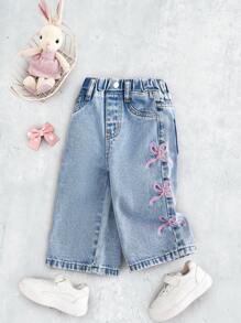 Cozy Pixies Baby Girls' Bow Decor Pockets Loose Wide Leg Casual Jeans - Light Wash - View 1