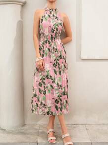 Aveloria 202525 New Spring/Summer European And American Fashion Elegant Charming Women's Cold-Shoulder Stand Collar Pleated Print Cinched Waist Slim Fit Mid-Length Dress Boho Vacation Fashionable Style All Over Print - Multicolor - View 2