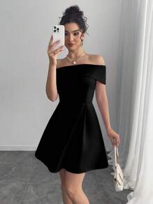 Women Off Shoulder Mini Solid Color Dress