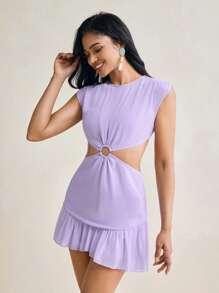 Mykaelle Rosa Women's Purple Chiffon Hollow Waist Ruffled Hem Ruched Shoulder Spring And Summer Mini Dress Women Sundress - Purple - View 5