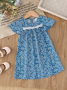 SHEIN Leap Crew Baby Girl Summer Loose Casual Round Neck Ditsy Floral Lace Trim Maxi Nightgown - Blue and White - View 5