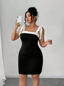Elenzga Plus Size Women Elegant Knitted Sleeveless Black & White Color Block Bowknot Shoulder Strap Fitted Bodycon Dress - Black and White - View 1