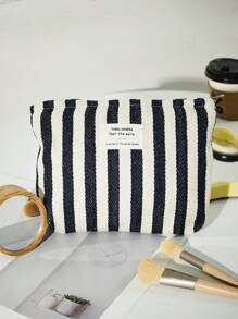 Striped Letter Design Cosmetic Bag, Large Capacity Portable Makeup Pouch For Daily Use