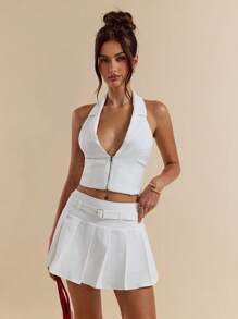 SHEIN BAE Top blanc ajusté avec col en V, dos nu et bretelles nouées, pour le printemps et l'été - Blanc - Voir 8