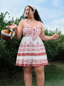 SHEIN MOD Spring And Summer New Plus Size Women's Bohemian Placement Print Loose Vintage Doll Dress, Suitable For Vacation, Country Music Festivals, Afternoon Tea And Other Occasions