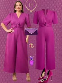 Ellevyn Combinaison longue torsadée à la taille pour femmes grande taille, rose, pour le printemps et l'été. Élégante, romantique, pour un usage quotidien et de rue