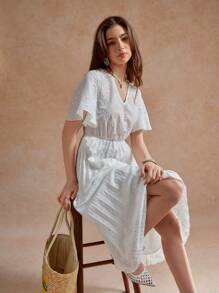 Écloséra Women's V-Neck Ruffle Short Sleeve Embroidered Long Dress, Elegant