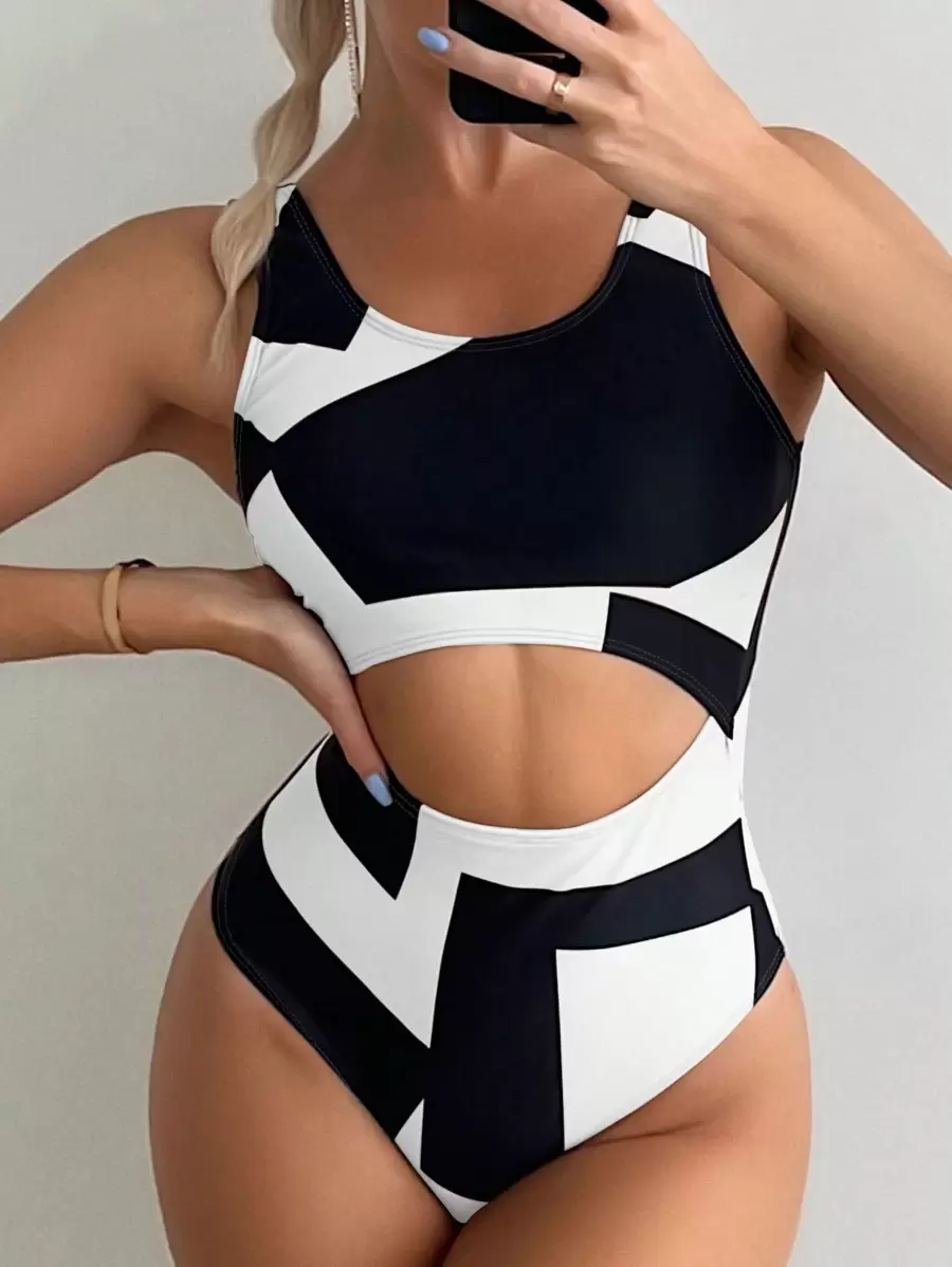 SHEIN Swim 1 件撞色印花镂空连体泳衣,随机印花设计 - 黑與白 - 查看 1