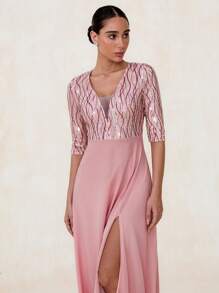 SHEIN Belle 撞色亮片开叉雪纺伴娘礼服优雅正式晚会舞会婚礼宾客礼服，适合毕业典礼、晚宴或节日派对服装 - 粉色 - 查看 7