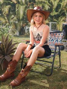 2025 Spring/Summer New Collection Casual & Comfortable Asymmetrical Hem Western Printed Camisole Top Paired With Black A-Line Pants, Tween Girl 2 Pieces Set, Suitable For Daily Wear, Outings, And Family Gatherings