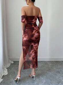 Elenzga 女士优雅露肩扎染开衩修身连衣裙，秋季长款女装 - 咖啡棕 - 查看 2