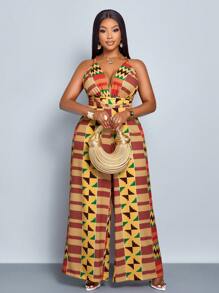 SOLERSUN Tuta estiva elegante da donna taglie forti con stampa digitale geometrica e fiori casuali, con collo a legaccio, pantaloni a gamba ampia dritta, ideale per vacanze