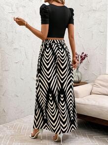 SHEIN Clasi Classic Women Crew Neck Ribbed Cropped Top & Wide Leg Pants, Navy Co-Ord Set With Print, Spring/Summer Vacation & Daily Elegant - Black - View 7