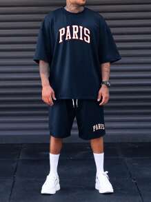 Manfinity Homme 2pcs/Set Plus Size Men Short Sleeve Letter Print T-Shirt And Shorts Set