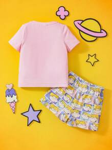 Nick 90s | SHEIN 2 件装少女卡通可爱女孩印花上衣和全身印花短裤睡衣套装，春夏 - 淺粉色 - 查看 2