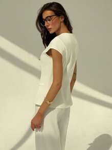 Aloruh Women's Solid Color Crew Neck Capped Sleeve Single-Breasted Casual Lightweight Jacket - White - View 3