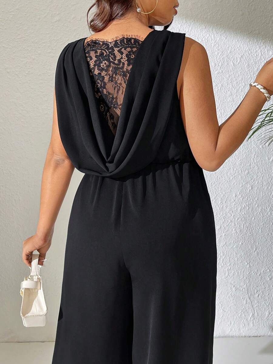 Elenzga Plus Size Women's Solid Color Splicing Lace Casual Wide Leg Jumpsuit