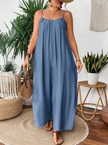 SHEIN CURVE+ Plus Size Pleat Textured Casual Loose Jumpsuit