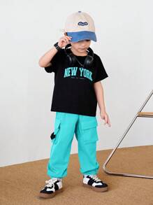 SHEIN Leap Crew 2 Stücke Kleinkind Jungen Lässig Rundhals T-Shirt und Cargohose Set - Lichtblau - Übersicht 9