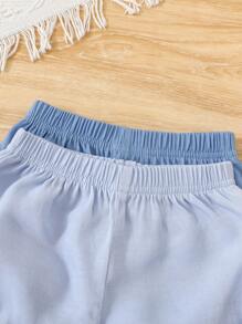 2pcs/Set Infant Baby Girls' Simple Solid Blue Color Lantern Shorts Set, Comfortable Casual Outfit Suitable For Home, Vacation Or Daily Wear, Spring/Summer New Arrival, Buy 1 Get 1 Free, Great Value