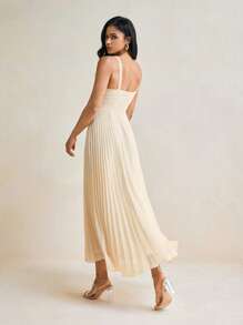 Harshal Khanderia 女士米色夏季纯色雪纺褶皱优雅长裙女士假日度假连衣裙 - 卡其色 - 查看 2