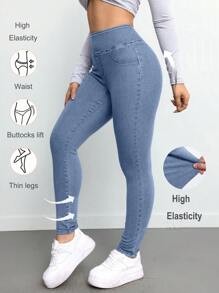SHEIN ICON Women Jeans Sexy Stretch Pants Blue Tall Women Jeans Jeans Yoga Pants Flare Warm Women Leggings Women Tights Women Leggings Warm Women Leggings Jeggings Women Tights Tall Women Pants - Medium Wash - View 1