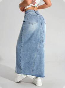 Jeanoix Women High Waist Pocket Design Long Casual Versatile Denim Skirt Y2k - Light Wash - View 2