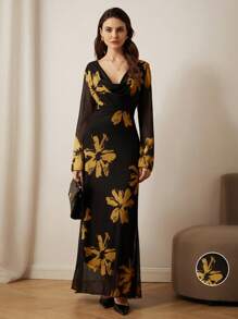 SHEIN Unity 法式浪漫秋季复古垂领弹力轮廓印花网眼长裙，随机花卉印花长袖连衣裙情人节春夏女士连衣裙女士优雅 - 黃色 - 查看 5
