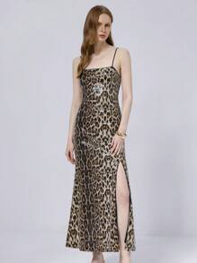 Chiquease Women's New Sexy Club Leopard Print Embroidered Fitted Flared Dress, Sleeveless Spaghetti Strap Long Party Evening Dress - Coffee Brown - View 1