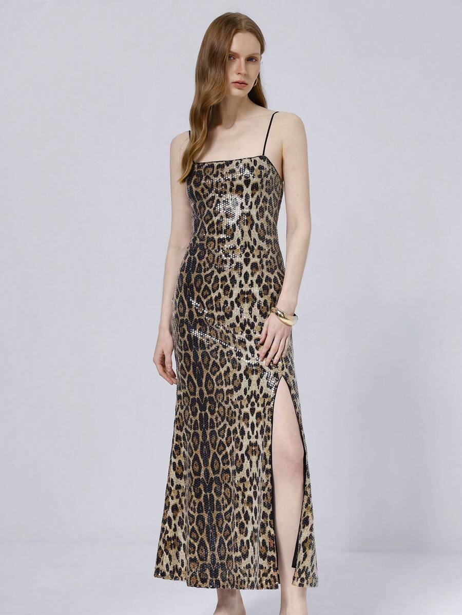 Chiquease Women's New Sexy Club Leopard Print Embroidered Fitted Flared Dress, Sleeveless Spaghetti Strap Long Party Evening Dress - Coffee Brown - View 1