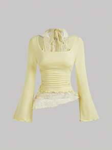 SHEIN MOD 针织蕾丝拼布不对称下摆可折叠高领蕾丝花边系带领收腰女式 T 恤 - 綠色 - 查看 1