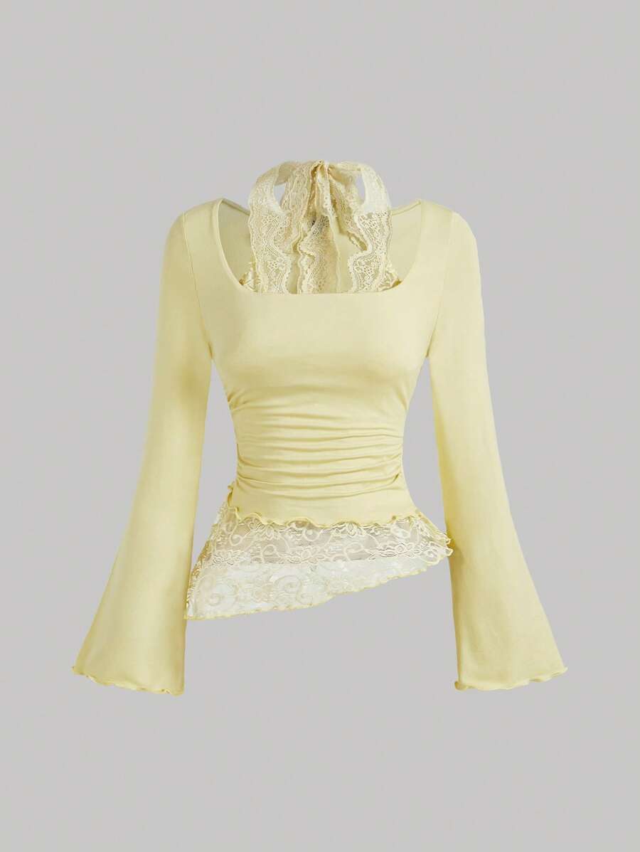 SHEIN MOD 针织蕾丝拼布不对称下摆可折叠高领蕾丝花边系带领收腰女式 T 恤 - 綠色 - 查看 1