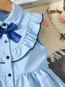 SHEIN Back To School Girls Academy Style Sleeveless Blue & White Ruffle Trim Cardigan Dress