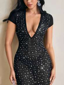 KATLO SKEYS Black Elegant Sparkling Rhinestone See Through Bodycon Deep V Neck Cut Out Back Sexy Maxi Dress For Party, Rave, Wedding, Prom Dress - Black - View 6